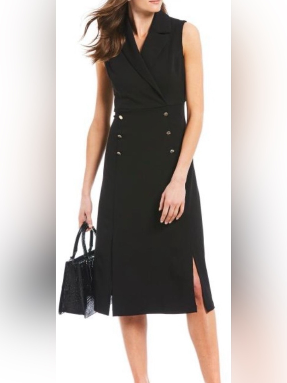 Donna Karan Sleeveless Black Double-Breasted tuxedo  Midi Sheath Dress size 6